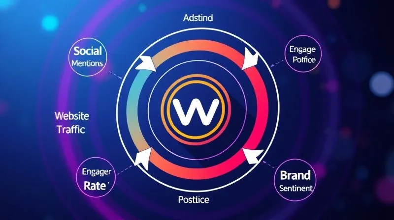 A photorealistic, vibrant infographic showing a circular flow of brand awareness metrics: a central brand logo expanding outwards to circles representing 'Social Mentions', 'Website Traffic', 'Engagement Rate', and 'Brand Sentiment'. Arrows connect them, indicating growth and positive feedback. Cinematic lighting, sharp focus, 8K hyper-detailed.