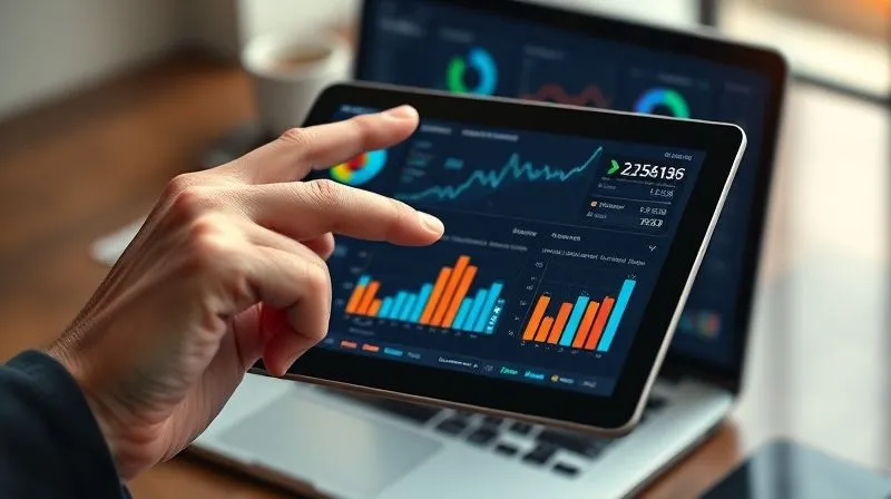 A photorealistic image of a digital marketer's hand pointing at a dynamic dashboard on a tablet, showing various graphs and charts representing campaign performance metrics (ROI, CPA, engagement rate). The graphs show an upward trend, indicating successful optimization. Cinematic lighting, sharp focus on the tablet and hand, depth of field blurring a laptop in the background, 8K hyper-detailed.
