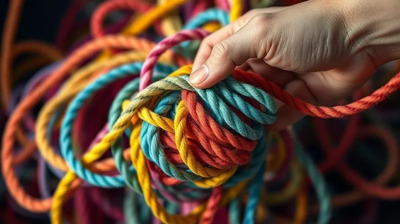 A photorealistic image of a complex, tangled knot of colorful ropes, symbolizing challenges in data attribution and measurement. A hand is gently untangling one of the ropes, representing a clear, systematic approach to problem-solving. Cinematic lighting, sharp focus on the knot and hand, depth of field blurring the background, 8K hyper-detailed.