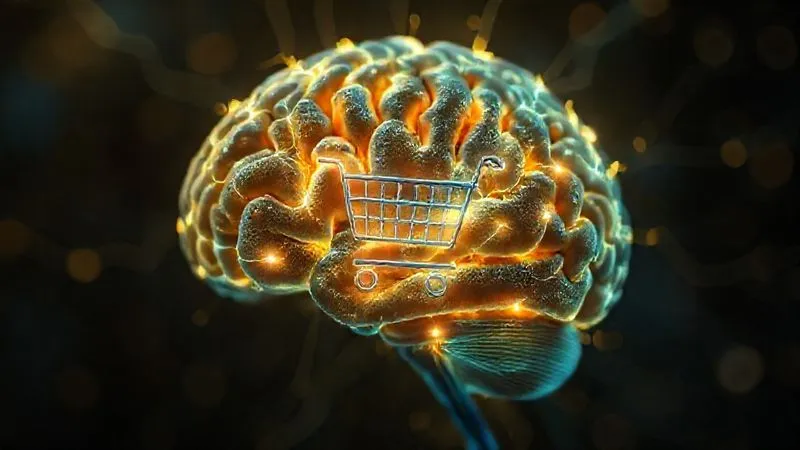 A photorealistic image of a brain with glowing neural pathways connecting to a shopping cart icon, representing the psychology of purchasing decisions, cinematic lighting, sharp focus, depth of field, 8K hyper-detailed.