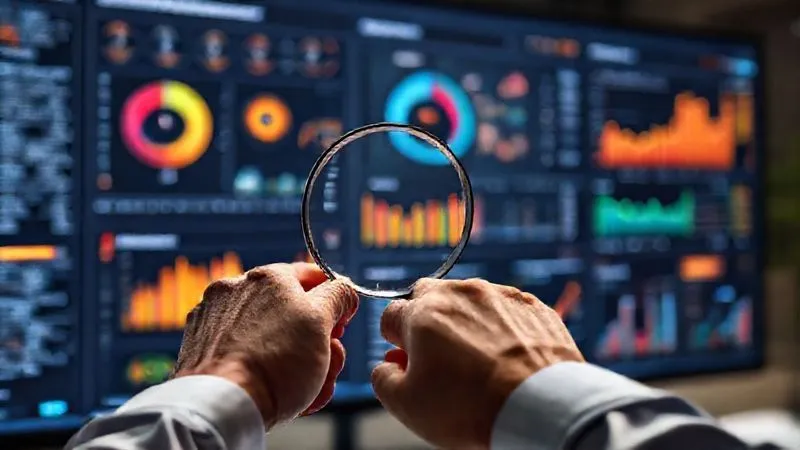 A photorealistic image of a data analyst's hands pointing at a complex, colorful conversion funnel dashboard on a large monitor, with a magnifying glass hovering over key metrics, cinematic lighting, sharp focus on the dashboard, depth of field blurring the background, 8K hyper-detailed.