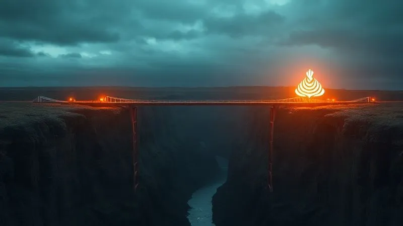 A photorealistic image of a bridge being built across a chasm, with glowing trust icons on one side and a brand logo on the other, symbolizing building trust and authority through content, dramatic cinematic lighting, sharp focus on the bridge, depth of field, 8K hyper-detailed.