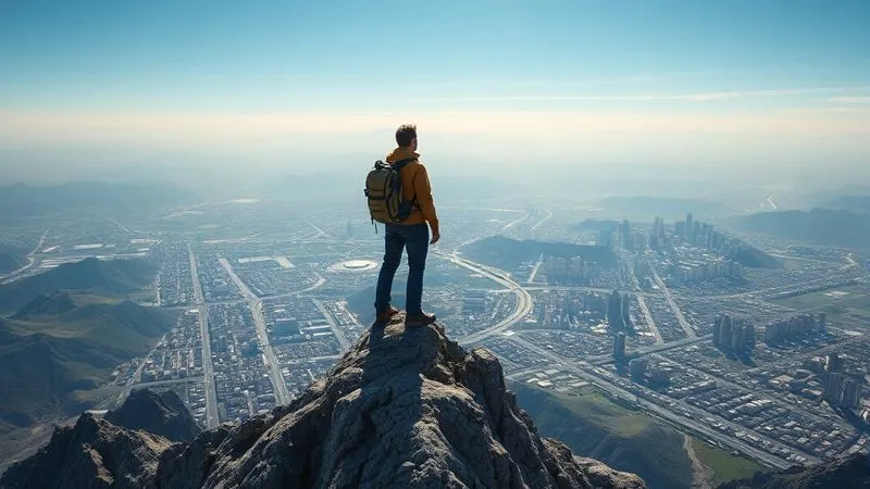 A photorealistic image of a single, skilled freelancer figure standing confidently on a mountain peak, overlooking a complex digital city, symbolizing expertise and perspective, with clear skies and dramatic cinematic lighting, sharp focus on the figure, depth of field, 8K hyper-detailed.