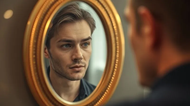 A photorealistic image of a person looking into a complex, glowing mirror that reflects a clear, confident, and distinct professional identity. The background is blurred, representing confusion, while the reflection is sharp and vibrant. Cinematic lighting, sharp focus, depth of field, 8K hyper-detailed, professional photography.