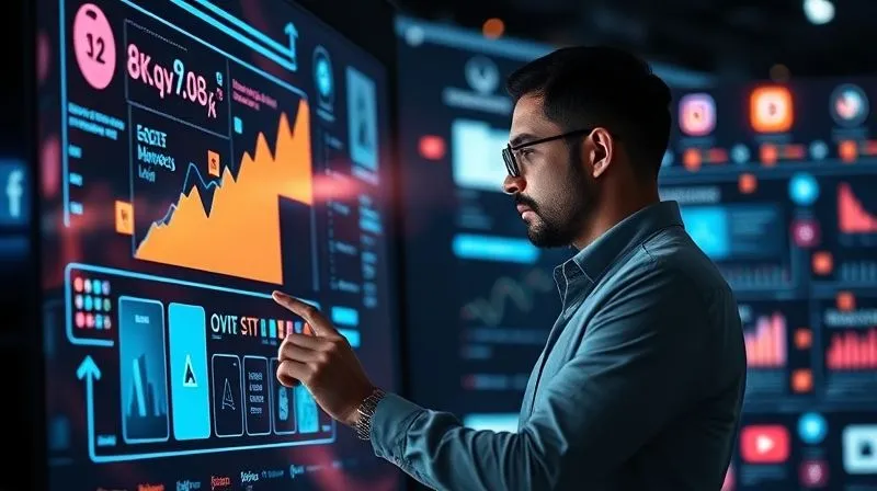 A photorealistic image of a digital strategist meticulously planning content on a large, interactive screen, surrounded by glowing data visualizations and social media icons. The scene is futuristic but grounded, emphasizing strategy and connection. Cinematic lighting, sharp focus, depth of field, 8K hyper-detailed, professional photography.