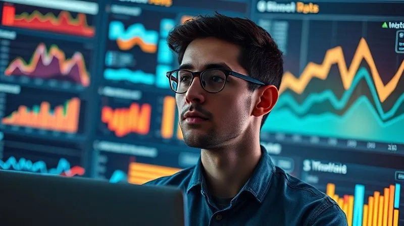 A photorealistic image of a freelancer looking thoughtfully at a dashboard filled with glowing charts and graphs, representing data analysis. The scene conveys clarity and strategic insight, with a subtle glow around the freelancer's head. Cinematic lighting, sharp focus, depth of field, 8K hyper-detailed, professional photography.