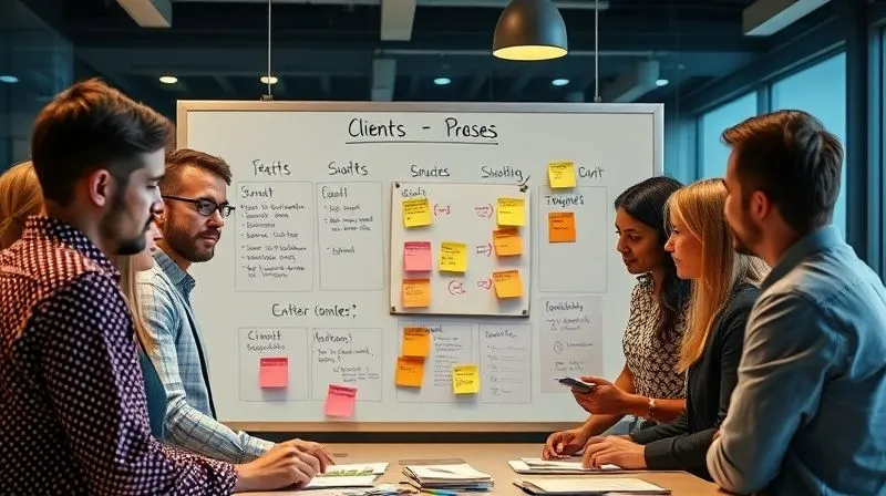 A photorealistic image of a diverse group of professionals collaborating around a digital whiteboard, with sticky notes and diagrams representing client personas, pain points, and solutions. The atmosphere is dynamic and focused, with cinematic lighting highlighting their engagement. 8K hyper-detailed, shot on a high-end DSLR.
