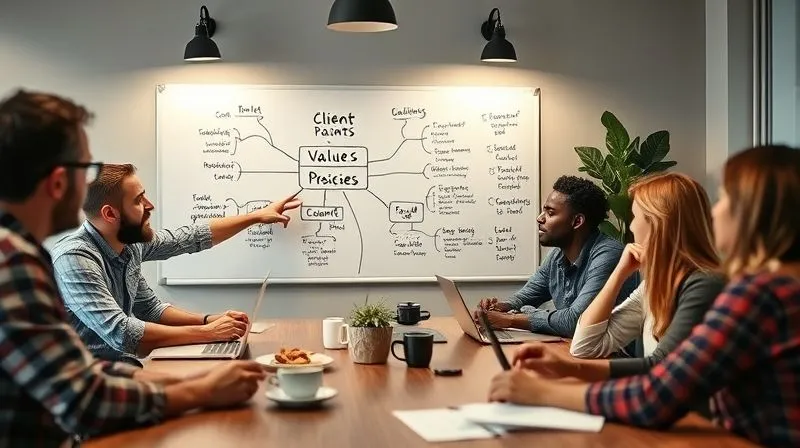 A photorealistic image of a diverse group of freelancers brainstorming content ideas around a table, with mind maps, laptops, and coffee. One freelancer points to a section on a whiteboard with 'Client Pain Points' and 'Value Propositions' clearly visible. Cinematic lighting, sharp focus on the collaborative process, depth of field, 8K hyper-detailed, shot on a high-end DSLR.