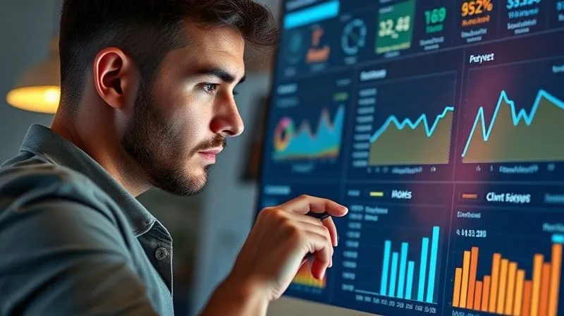 A photorealistic image of a freelancer looking at a dashboard with various graphs and charts showing brand performance metrics (engagement, conversions, client feedback). They are thoughtfully adjusting a slider or a setting on the screen, symbolizing continuous optimization. Cinematic lighting, sharp focus on the dashboard and the freelancer's focused expression, depth of field, 8K hyper-detailed, shot on a high-end DSLR.