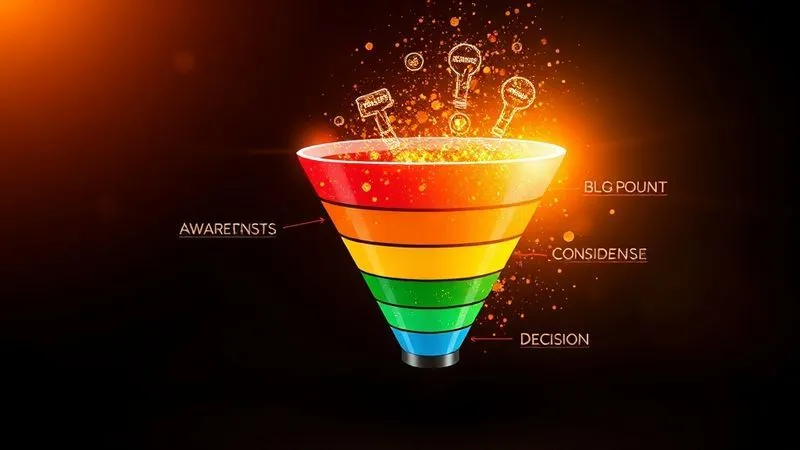 A photorealistic visualization of a vibrant marketing funnel, with different types of content (blog posts, e-books, case studies) flowing smoothly through its stages (awareness, consideration, decision). The funnel is glowing with soft light, set against a dark, professional background, sharp focus, depth of field. 8K hyper-detailed, professional photography, cinematic lighting, shot on a high-end DSLR.