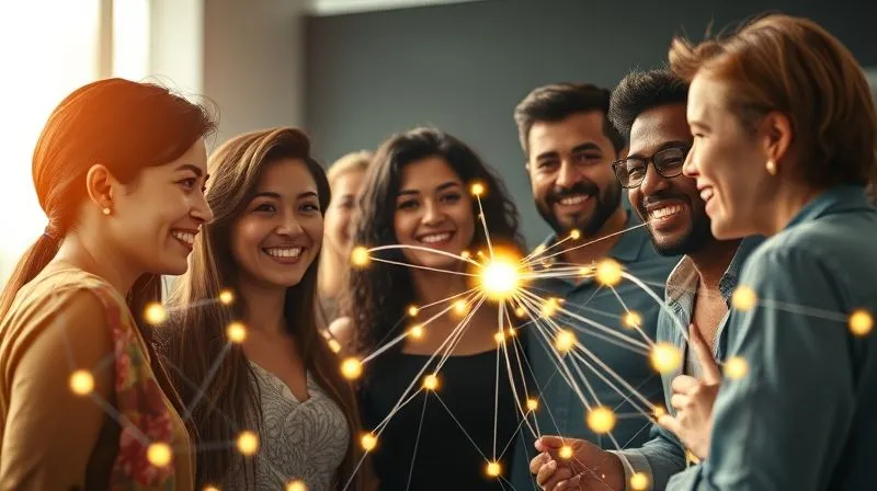 A photorealistic image of diverse people from different backgrounds (represented by subtle cultural cues) gathered around a glowing, interconnected network of digital threads, symbolizing community and shared ideas. Their faces show engagement and excitement. Cinematic lighting, sharp focus on the people and the network, depth of field blurring a dynamic, abstract background. Shot on a high-end DSLR, 8K hyper-detailed.