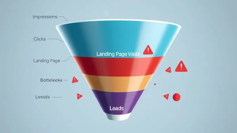 A photorealistic visualization of a digital marketing funnel, with different colored segments representing 'Impressions', 'Clicks', 'Landing Page Visits', and 'Leads'. One segment, 'Landing Page Visits', shows a significant bottleneck or leak, with fewer elements passing through, highlighted by subtle red warning signs. Cinematic lighting, sharp focus on the bottleneck, 8K hyper-detailed, shot on a high-end DSLR.