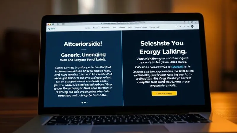 A photorealistic close-up of a laptop screen displaying two versions of a digital ad. One ad has generic, unengaging copy, while the other (highlighted with a subtle glow) features compelling, benefit-driven headlines and a strong Call-to-Action. Cinematic lighting, sharp focus on the text, 8K hyper-detailed, shot on a high-end DSLR.