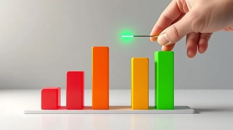 A photorealistic bar chart in 3D showing different advertising campaigns with varying CPLs. One bar, representing an optimized campaign, is significantly lower and highlighted in green, while others are taller and in red/orange. A hand is adjusting a slider, symbolically allocating more budget to the green bar. Cinematic lighting, sharp focus on the chart and hand, 8K hyper-detailed, shot on a high-end DSLR.