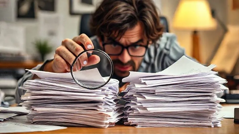 A photorealistic image of a frustrated freelancer looking at a stack of crumpled, ignored proposals on a desk, with a magnifying glass trying to find a solution, cinematic lighting, sharp focus on the papers, depth of field blurring the background, 8K hyper-detailed.