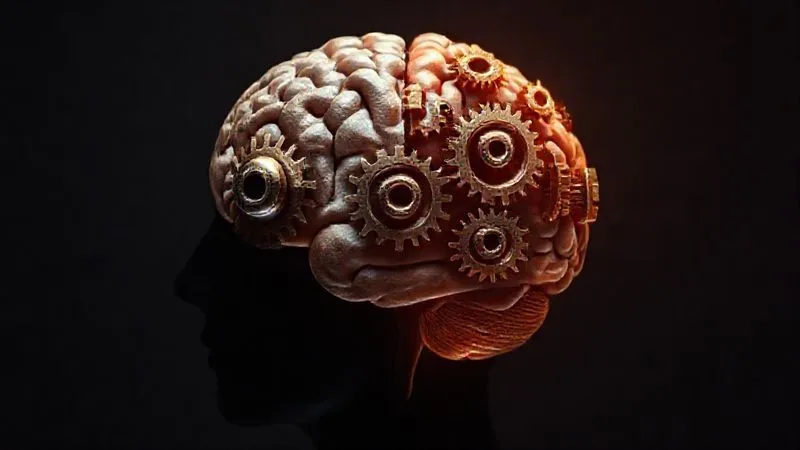A photorealistic image of a person's brain with gears turning, one side representing a single cog and the other side representing a complex, interconnected system of gears, symbolizing the shift from freelancer to entrepreneur mindset. Cinematic lighting, sharp focus, 8K hyper-detailed, shot on a high-end DSLR.