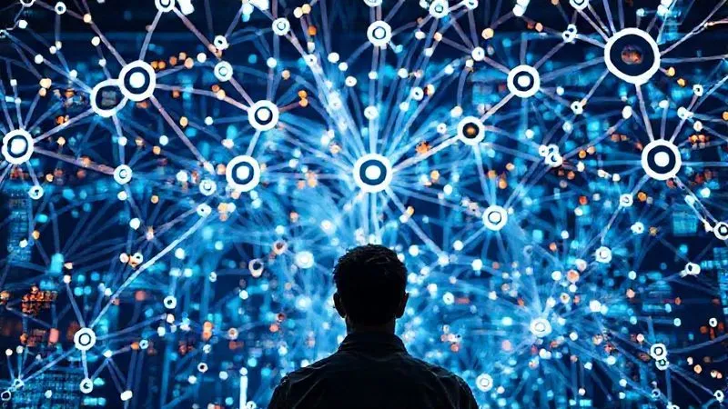 A photorealistic image of a complex digital ecosystem with interconnected nodes and data flowing seamlessly, representing various scalable online business models. In the foreground, a person is strategically directing the flow, not actively performing tasks. 8K hyper-detailed, cinematic lighting, shot on a high-end DSLR.