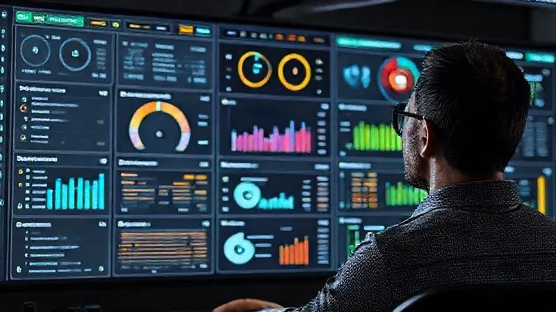 A photorealistic image of a highly organized digital dashboard with various automation tools and project management interfaces, showing tasks being completed autonomously. In the background, a person is relaxed, overlooking the efficient system. 8K hyper-detailed, cinematic lighting, sharp focus, shot on a high-end DSLR.