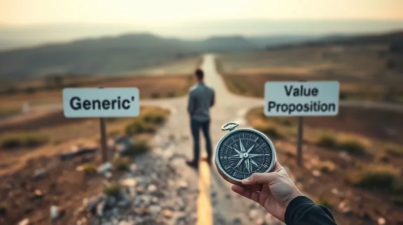 A photorealistic image of a person standing at a crossroads, looking at two distinct paths, one labeled 'Generic' and the other 'Unique Value Proposition', with a compass in hand, representing strategic decision-making in branding. Professional photography, 8K, cinematic lighting, sharp focus on the compass and path labels, depth of field blurring distant landscape, shot on a high-end DSLR.