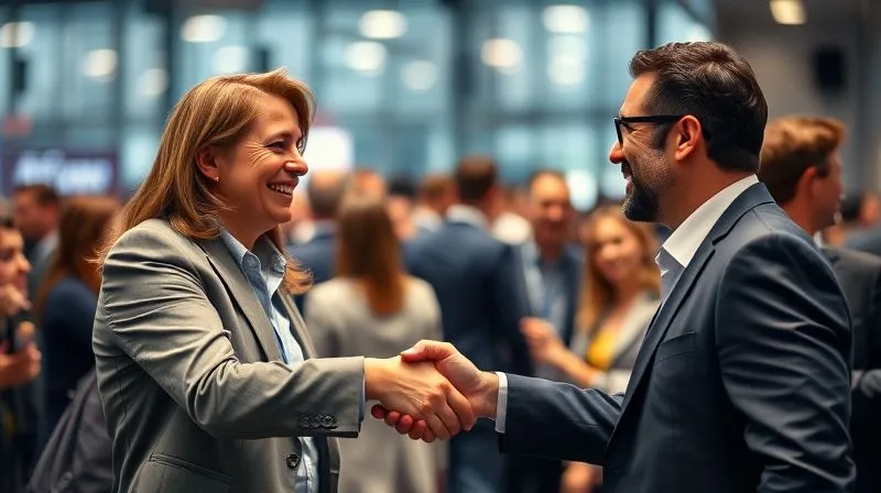 A photorealistic image of two diverse professionals shaking hands warmly at a modern, bustling networking event, with blurred faces in the background, symbolizing authentic connection and strategic partnership. Professional photography, 8K, cinematic lighting, sharp focus on the handshake, depth of field blurring the crowd, shot on a high-end DSLR.