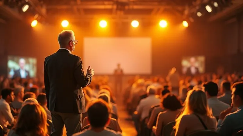 A photorealistic image of a freelancer confidently standing on a brightly lit stage, bathed in warm, cinematic light, addressing a diverse and engaged audience, symbolizing success, recognition, and a strong brand presence. Professional photography, 8K, cinematic lighting, sharp focus on the speaker, depth of field blurring the audience, shot on a high-end DSLR.