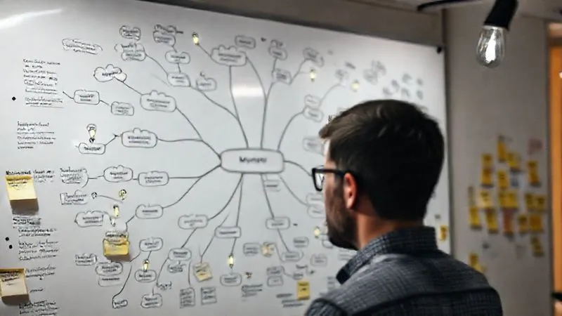 A person deeply focused on a whiteboard filled with a complex mind map, connecting problems (represented by dark clouds) to solutions (represented by bright lightbulbs), surrounded by sticky notes with customer feedback. The room is modern and minimalist, showcasing intense creative problem-solving. photorealistic, professional photography, 8K, cinematic lighting, sharp focus on the whiteboard, depth of field blurring the background, shot on a high-end DSLR.