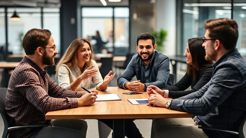A small, diverse group of individuals sitting around a table in a modern, brightly lit co-working space, engaged in a lively discussion. One person is writing on a large notepad, while others are gesturing and making eye contact, indicating an active feedback session. professional photography, 8K, cinematic lighting, sharp focus on the group interaction, depth of field blurring the office background, shot on a high-end DSLR.