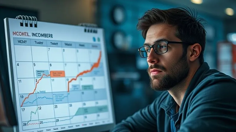 A photorealistic image of a freelancer looking thoughtfully at a calendar with fluctuating income graphs, reflecting the unpredictable nature of freelance work. The scene has cinematic lighting, sharp focus on the calendar and a depth of field blurring the background, 8K hyper-detailed, professional photography, shot on a high-end DSLR.