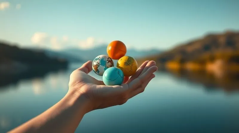 A photorealistic image of a freelancer's hand balancing multiple colorful spheres, each representing a different income stream, against a backdrop of a calm, serene financial landscape. Cinematic lighting, sharp focus on the hands and spheres, depth of field blurring the background. 8K hyper-detailed, professional photography, shot on a high-end DSLR.