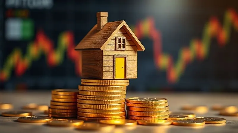 A photorealistic image of a stack of golden coins forming a strong, stable base for a small, detailed house, representing financial security and a robust emergency fund. The background is slightly blurred, showing a turbulent financial market. Cinematic lighting, sharp focus, depth of field, 8K hyper-detailed, shot on a high-end DSLR, professional photography.