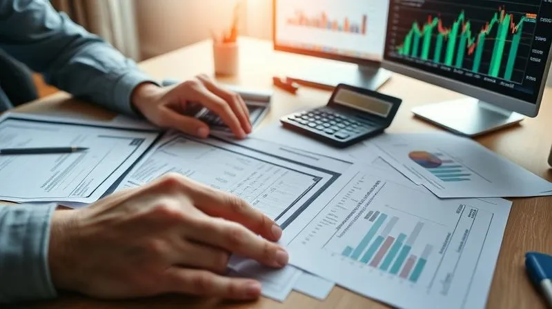 A photorealistic image of a person meticulously organizing tax documents and financial statements on a desk, with a calculator and a computer displaying investment charts in the background. The scene conveys diligence and strategic financial planning. Cinematic lighting, sharp focus on the documents, depth of field, 8K hyper-detailed, shot on a high-end DSLR, professional photography.