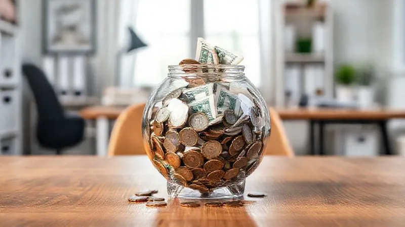 A photorealistic image of a transparent glass piggy bank overflowing with coins and bills, placed on a sturdy wooden table, with a soft focus background of a calm, organized home office. Cinematic lighting, 8K hyper-detailed, professional photography, shot on a high-end DSLR, symbolizing financial security and abundance.