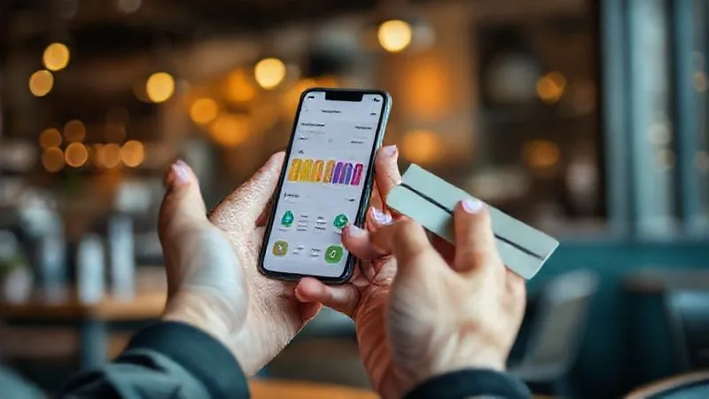 A photorealistic image of a person's hands holding a smartphone displaying a financial budgeting app with colorful graphs and categories, while the other hand holds a credit card. The background is a blurred, modern cafe setting, suggesting financial management on the go. Cinematic lighting, sharp focus on the phone and hands, depth of field. 8K hyper-detailed, professional photography, shot on a high-end DSLR.