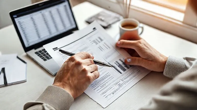 A photorealistic image of a person's hands meticulously reviewing a printed financial report and making notes with a pen, surrounded by a laptop displaying a spreadsheet and a cup of coffee. The setting is a clean, organized home office desk with soft, natural lighting. Sharp focus on the hands and documents, depth of field. 8K hyper-detailed, professional photography, shot on a high-end DSLR.