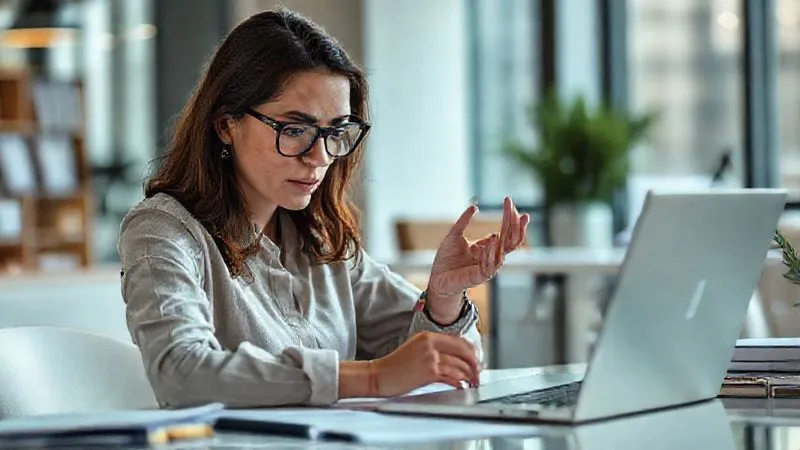 A photorealistic image of a focused freelancer, a woman with glasses, sitting at a clean desk, surrounded by notes and a laptop. She is meticulously organizing her thoughts and project details, with a determined expression, preparing for a crucial negotiation. Cinematic lighting, sharp focus on her face and organized workspace, depth of field blurring a background of a modern office. 8K hyper-detailed, shot on a high-end DSLR.