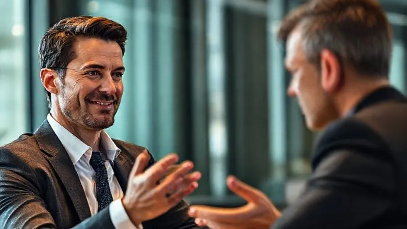 A photorealistic image of two business professionals, a freelancer and a client, in a negotiation setting. The freelancer maintains a calm, composed, and professional demeanor, with a slight, confident smile, making eye contact. The client looks engaged but slightly intense. The scene is well-lit with cinematic lighting, focusing on their expressions and body language that conveys control and empathy. 8K hyper-detailed, shot on a high-end DSLR.