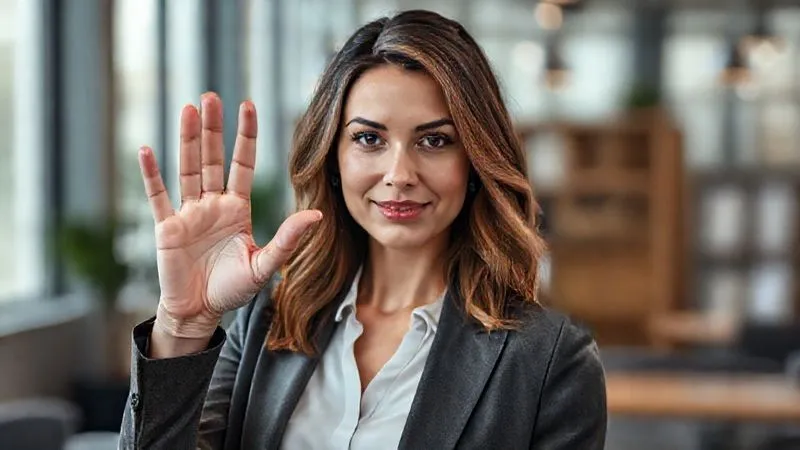 A photorealistic image of a professional woman, a freelancer, in a modern, well-lit office setting. She is politely but firmly gesturing 'no' with her hand, maintaining a calm and confident expression, while looking directly forward. Her posture is strong and professional, conveying assertiveness without aggression. Cinematic lighting, sharp focus on her face and hand gesture, depth of field blurring the background. 8K hyper-detailed, shot on a high-end DSLR.