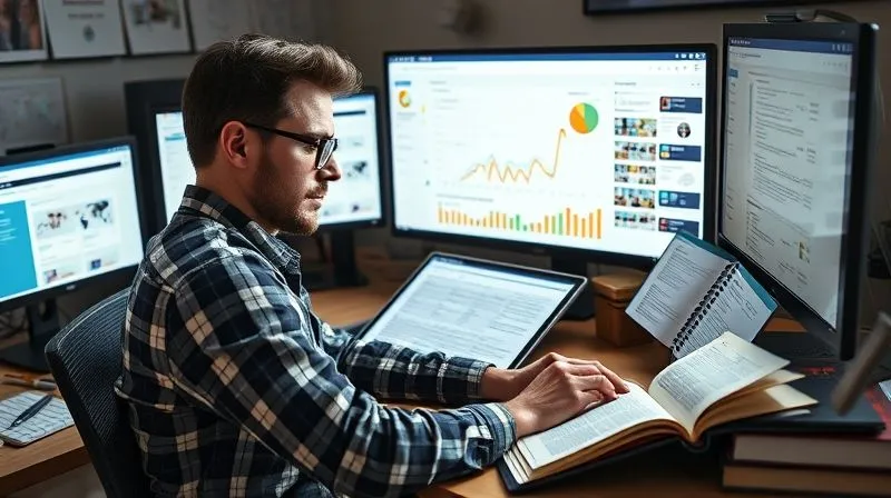 A photorealistic, professional photography image of a freelancer at a desk, surrounded by multiple open browser tabs and physical notebooks, intensely researching a client's industry. The screen shows analytics data and company profiles. Cinematic lighting, sharp focus on the freelancer's determined face, depth of field blurring the background. 8K hyper-detailed, shot on a high-end DSLR, conveying deep preparation and strategic insight.