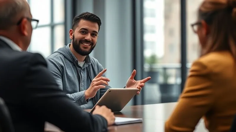 A photorealistic, professional photography image of a freelancer giving a confident and engaging presentation to a client in a modern meeting room. The freelancer is gesturing naturally, maintaining eye contact, and using a tablet to display key points. Cinematic lighting, sharp focus on the speaker's animated face, depth of field blurring the client and room. 8K hyper-detailed, shot on a high-end DSLR, conveying strong communication skills and gravitas.