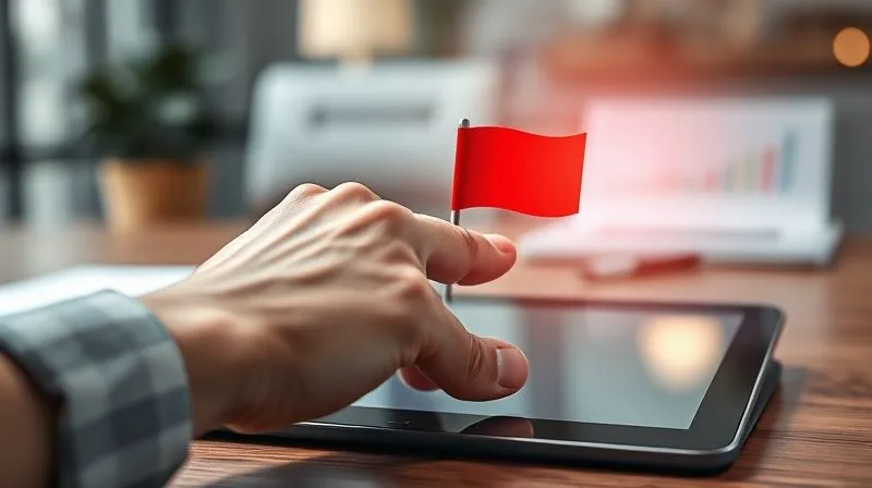 A photorealistic, professional photography image of a freelancer's hand gently but firmly pushing away a red flag icon on a tablet screen, symbolizing setting boundaries and saying 'no' to unfavorable projects. Cinematic lighting, sharp focus on the hand and tablet, depth of field blurring a professional workspace in the background. 8K hyper-detailed, shot on a high-end DSLR, conveying a sense of empowerment and strategic decision-making.