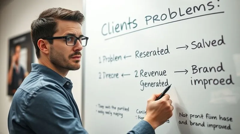 A photorealistic image of a freelancer looking confidently at a whiteboard filled with bullet points detailing 'client problems solved', 'revenue generated', 'time saved', and 'brand improved', with a determined expression. Cinematic lighting, sharp focus on the freelancer and whiteboard, depth of field blurring the background, 8K hyper-detailed, professional photography, shot on a high-end DSLR.