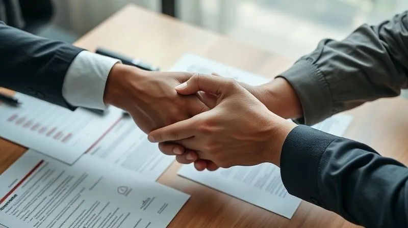 A photorealistic image of two hands, one representing a freelancer and the other a client, shaking hands over a table with several documents spread out, symbolizing different service packages or negotiation terms. The atmosphere is collaborative and professional. Cinematic lighting, sharp focus on the hands and documents, depth of field blurring the background, 8K hyper-detailed, professional photography, shot on a high-end DSLR.