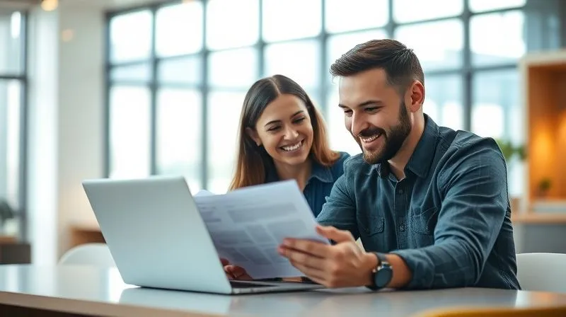 A photorealistic image of a freelancer and a client smiling and reviewing a project report together on a laptop, in a bright and modern co-working space, symbolizing a strong and collaborative partnership after a successful negotiation. Cinematic lighting, sharp focus on their faces and the laptop screen, depth of field blurring the background, 8K hyper-detailed, professional photography, shot on a high-end DSLR.