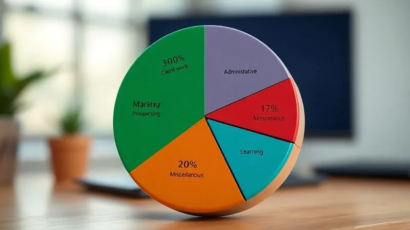 A photorealistic pie chart showing a freelancer's time allocation: 30% client work, 25% administrative tasks, 20% marketing/prospecting, 15% learning, 10% miscellaneous. The chart is clean, professional, with clear labels and a modern aesthetic, cinematic lighting, sharp focus, depth of field, 8K hyper-detailed, shot on a high-end DSLR.