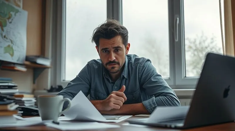 A photorealistic image of a freelancer looking stressed at a chaotic desk with scattered papers and an empty coffee cup, while outside the window, a storm rages, symbolizing financial uncertainty. Cinematic lighting, sharp focus on the freelancer's worried expression, depth of field blurring the background, 8K hyper-detailed, professional photography, shot on a high-end DSLR.