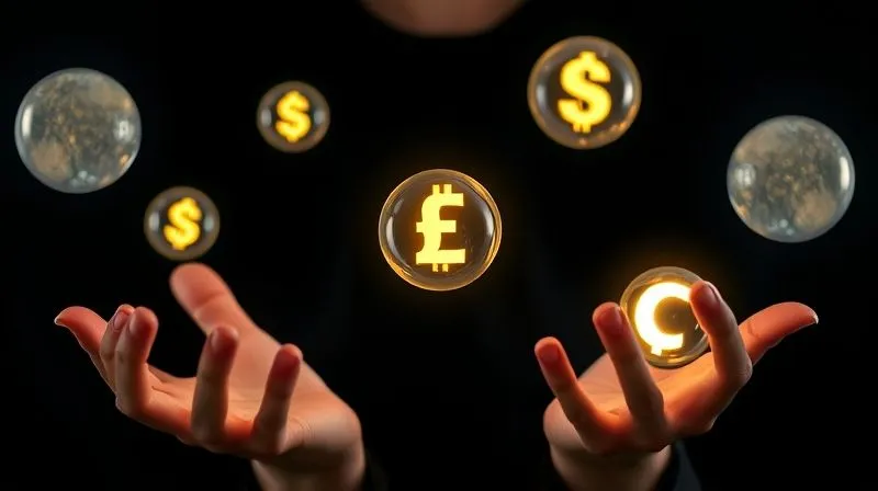A photorealistic image of a freelancer's hands juggling multiple glowing spheres, each representing a different income stream (clients, digital products, passive income), against a dark, starry background, symbolizing diversified revenue. Cinematic lighting, sharp focus, depth of field, 8K hyper-detailed, professional photography, shot on a high-end DSLR.