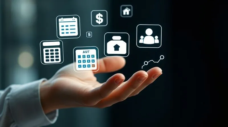 A photorealistic image of various digital tools and apps floating around a freelancer's hand, seamlessly integrated, symbolizing automation and efficient financial management. The tools are represented by stylized icons of a calculator, a calendar, a money bag, and a chart. Cinematic lighting, sharp focus, depth of field, 8K hyper-detailed, professional photography, shot on a high-end DSLR.