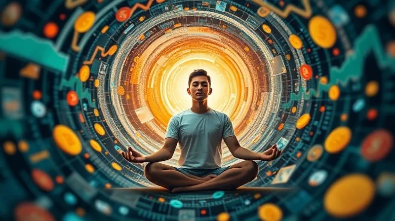 A photorealistic image of a freelancer meditating calmly amidst a swirling vortex of digital currency symbols and charts, representing financial chaos, yet the freelancer remains serene and focused, symbolizing resilience and a growth mindset. Cinematic lighting, sharp focus on the person, depth of field blurring the background, 8K hyper-detailed, professional photography, shot on a high-end DSLR.