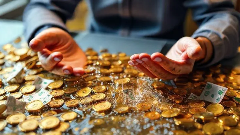 A photorealistic image of a vibrant, flowing river of golden coins and paper money, representing a consistent cash flow, moving towards a freelancer's open hands. The background shows a digital nomad working calmly. Cinematic lighting, sharp focus on the money river, 8K hyper-detailed, shot on a high-end DSLR.