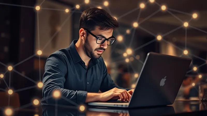 A photorealistic image of a freelancer working on a laptop, surrounded by a subtle, glowing network of digital connections and abstract representations of a sales funnel. The freelancer appears focused and strategic, symbolizing the building of a strong personal brand and robust sales channels. Cinematic lighting, sharp focus on the freelancer and the digital elements, depth of field blurring the background, 8K hyper-detailed, shot on a high-end DSLR.